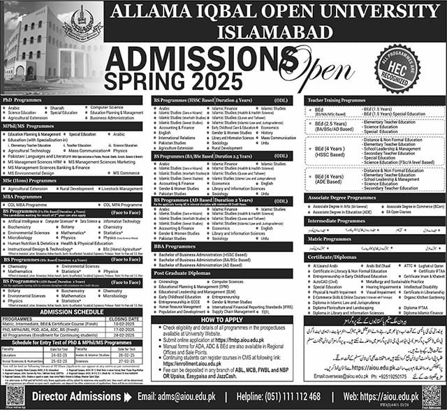 Admission Open in Alllama Iqbal Open University Islamabad – Allama Iqbal Open University Islamabad Admissions 2025 — original advertisement