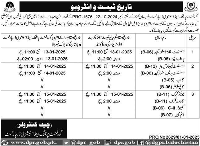 Government Printint Stationary Department Balochistan Test – Printing and Stationary Department Balochistan Jobs 2025 — original advertisement
