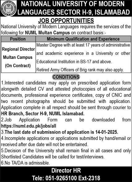 NUML University Multan Campus Jobs 2025 Regional Director – National University of Modern Languages Islamabad Jobs 2025 — original advertisement