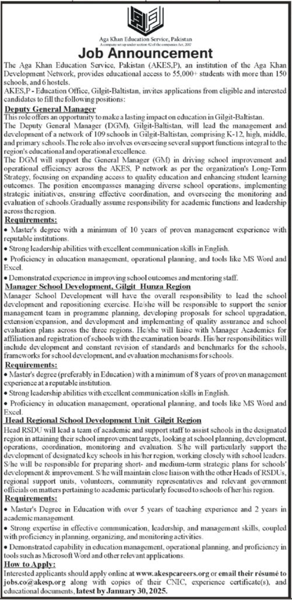 Aga Khan Education Service Pakistan Gilgit Job 2025 Jobs 2025 — original advertisement
