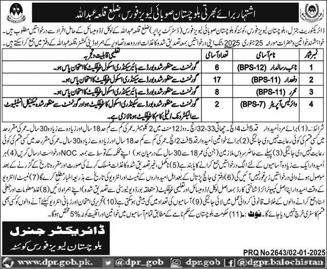 Balochistan Levies Force Killa Abdullah Jobs 2025 Jobs 2025 — original advertisement