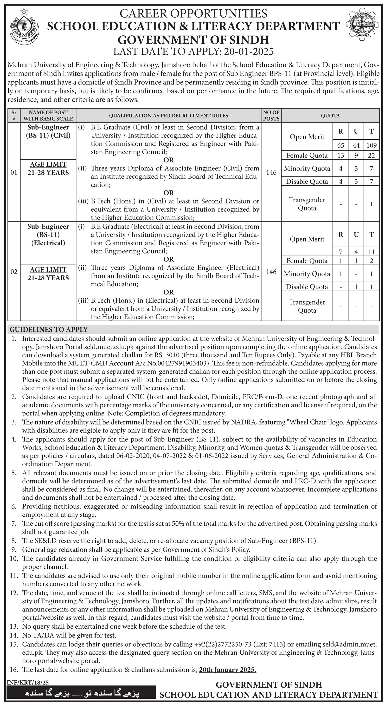 School Education & Literacy Department Karachi Jobs 2025 – School Education & Literacy Department Sindh Jobs 2025 — original advertisement