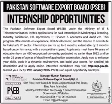 Internship Positions At Pakistan Software Export Board PSEB Jobs 2025 — original advertisement
