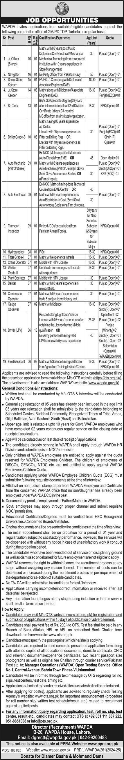 WAPDA Water & Power Development Authority Jobs 2025 – Water and Power Development Authority Jobs 2025 — original advertisement