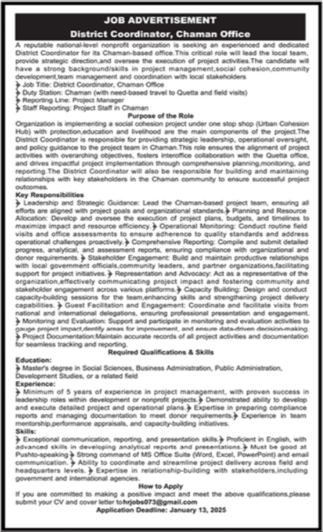 National Non Profit Organization chaman Jobs 2025 – Public Sector Organization Jobs 2025 — original advertisement