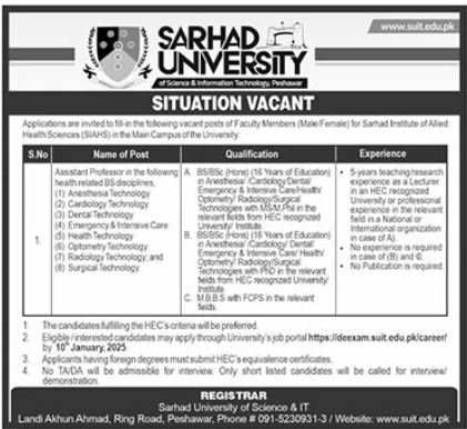 Sarhad University Peshawar Khyber Pakhtunkhwa Jobs 2025 – Sarhad University of Science and Information Technology Peshawar Jobs 2025 — original advertisement