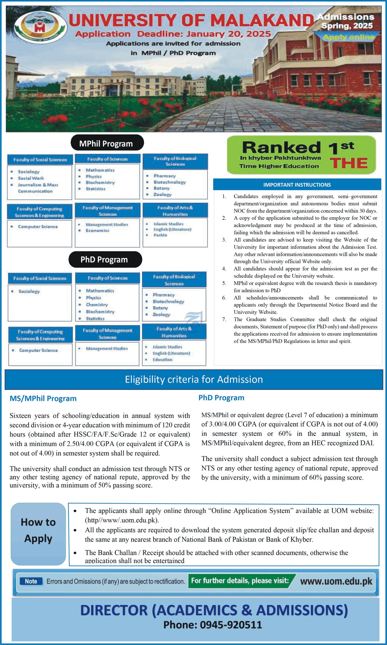 Admission Open in University of Malakand 2025 – University of Malakand lower Dir Admissions 2025 — original advertisement