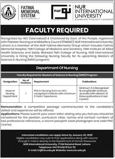 NUR International University Lahore Jobs 2025 Jobs 2025 — original advertisement