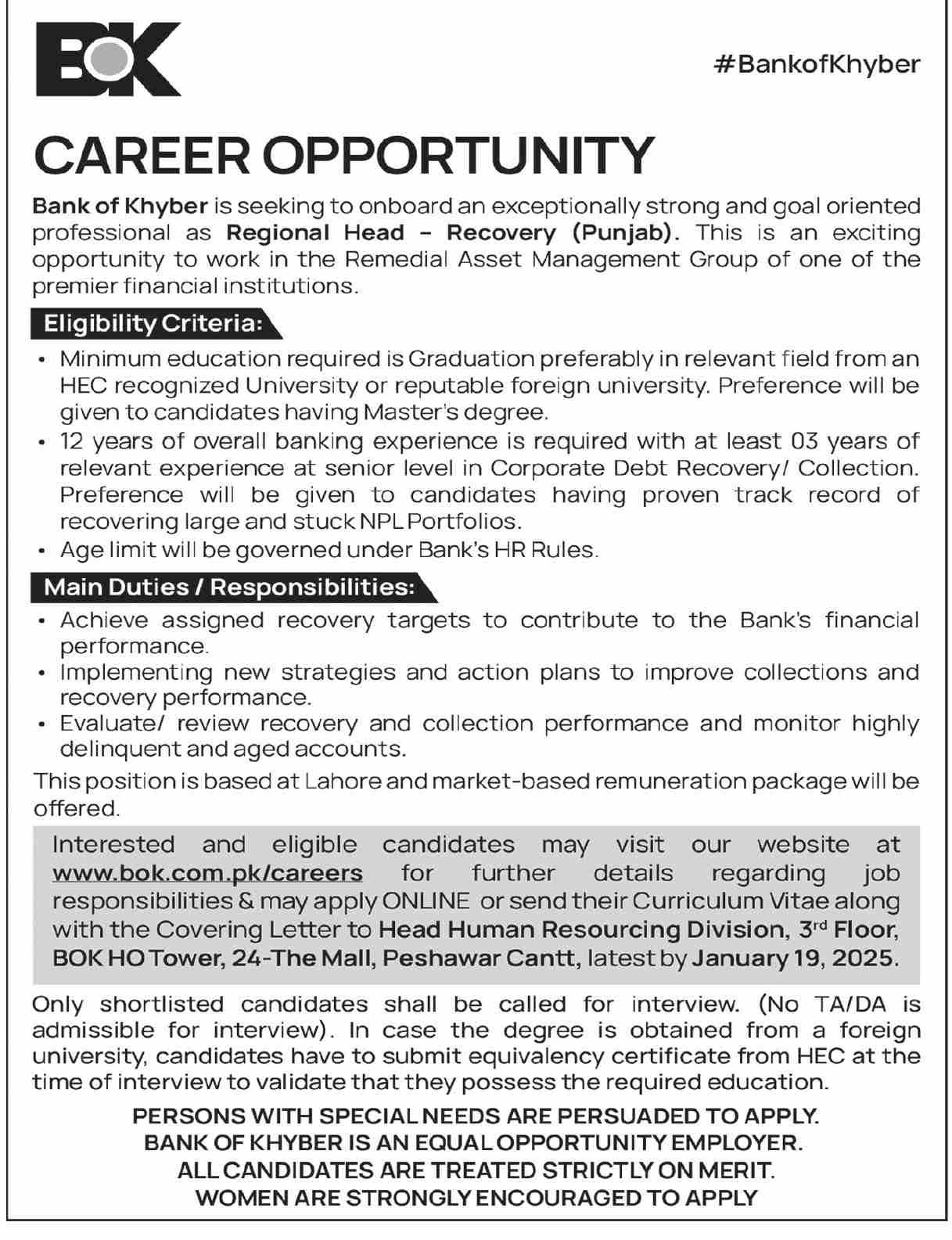 The Bank of Khyber BOK Peshawar Jobs 2025 Jobs 2025 — original advertisement