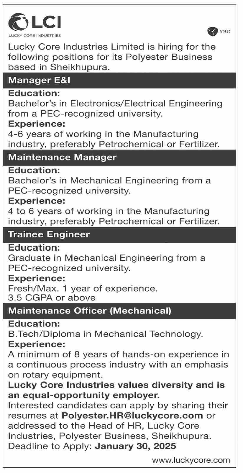 Lucky Core Industries Limited LCI Sheikhupura Jobs 2025 – Private Company Jobs 2025 — original advertisement