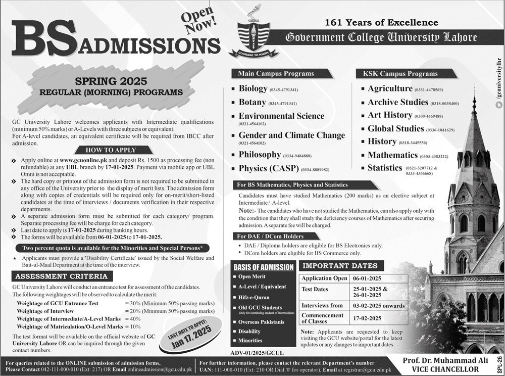 Admissions Open in Government College University Lahore 2025 Admissions 2025 — original advertisement