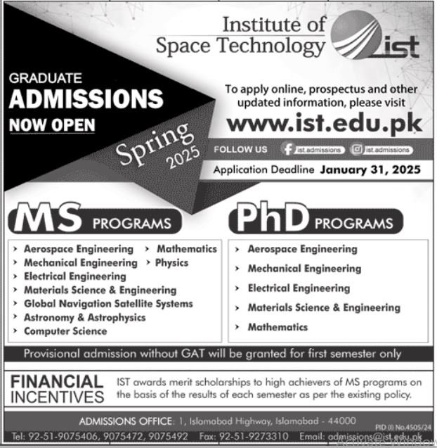 Admissions Open in Institute of Space Technology 2025 – Institute of Space Technology ITS Islamabad Admissions 2025 — original advertisement