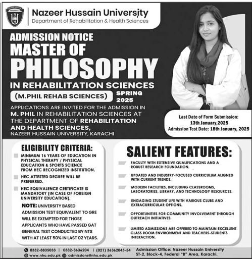 Admission Open in Nazeer Hussain University 2025 Admissions 2025 — original advertisement