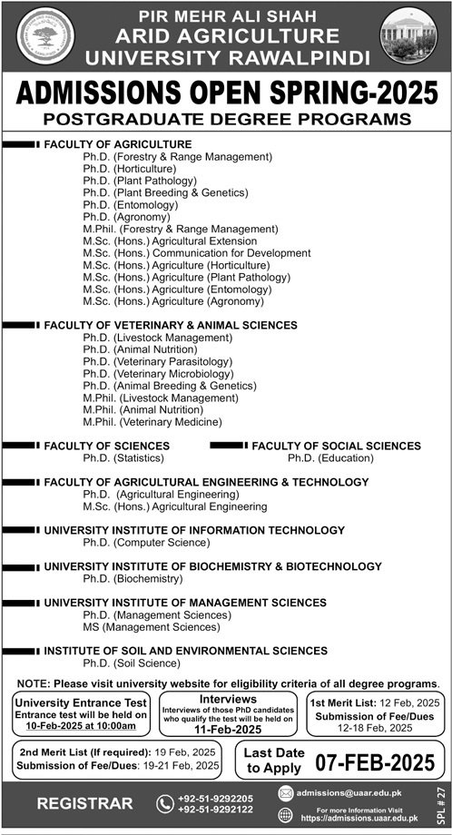 Admission Open in Pir Meher Ali Shah University Rawalpindi – Pir Mehr Ali Shah Arid Agriculture University Rawalpinid Admissions 2025 — original advertisement