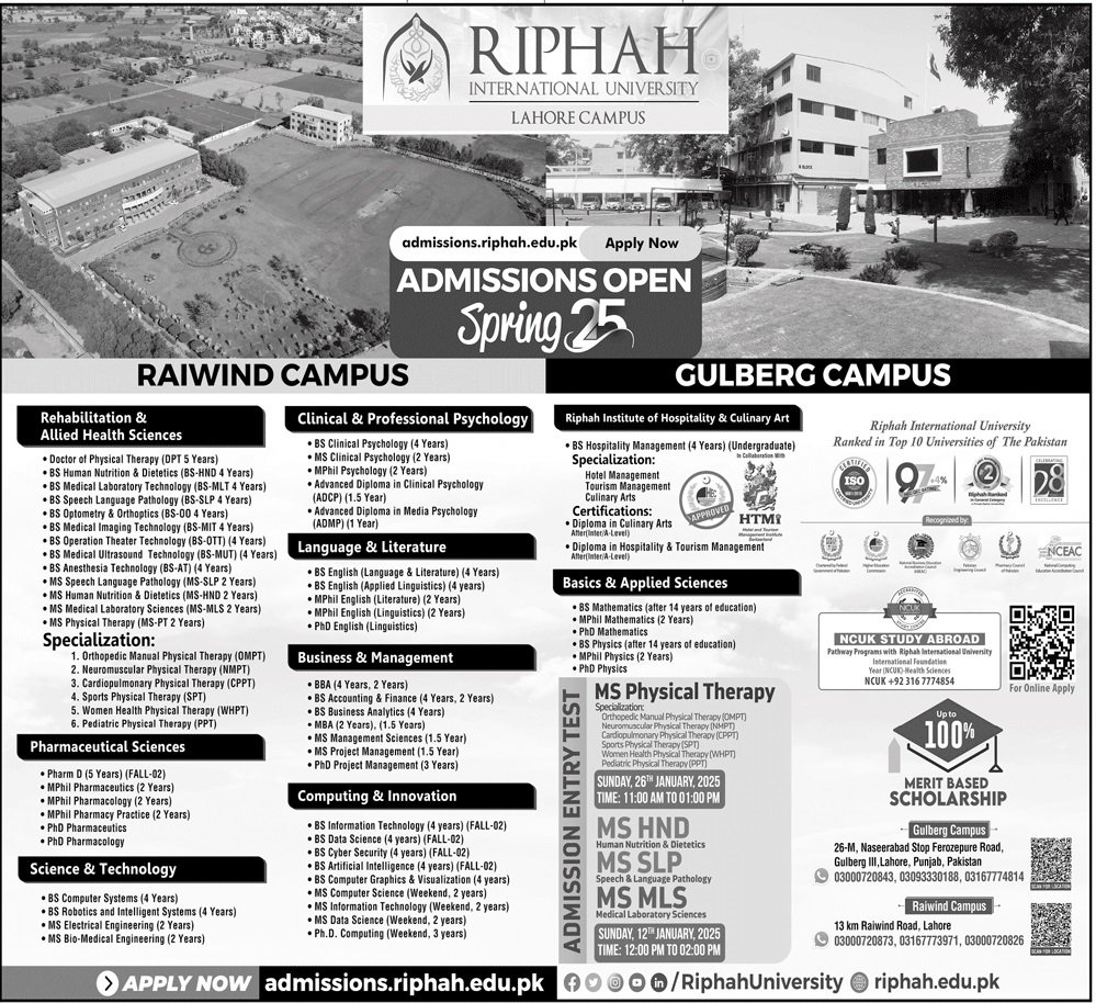 Admission Open in Riphah international University Lahore Admissions 2025 — original advertisement