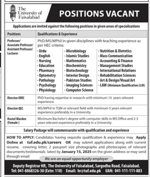 The University of Faislabad Jobs 2025 – University Of Faisalabad Jobs 2025 — original advertisement