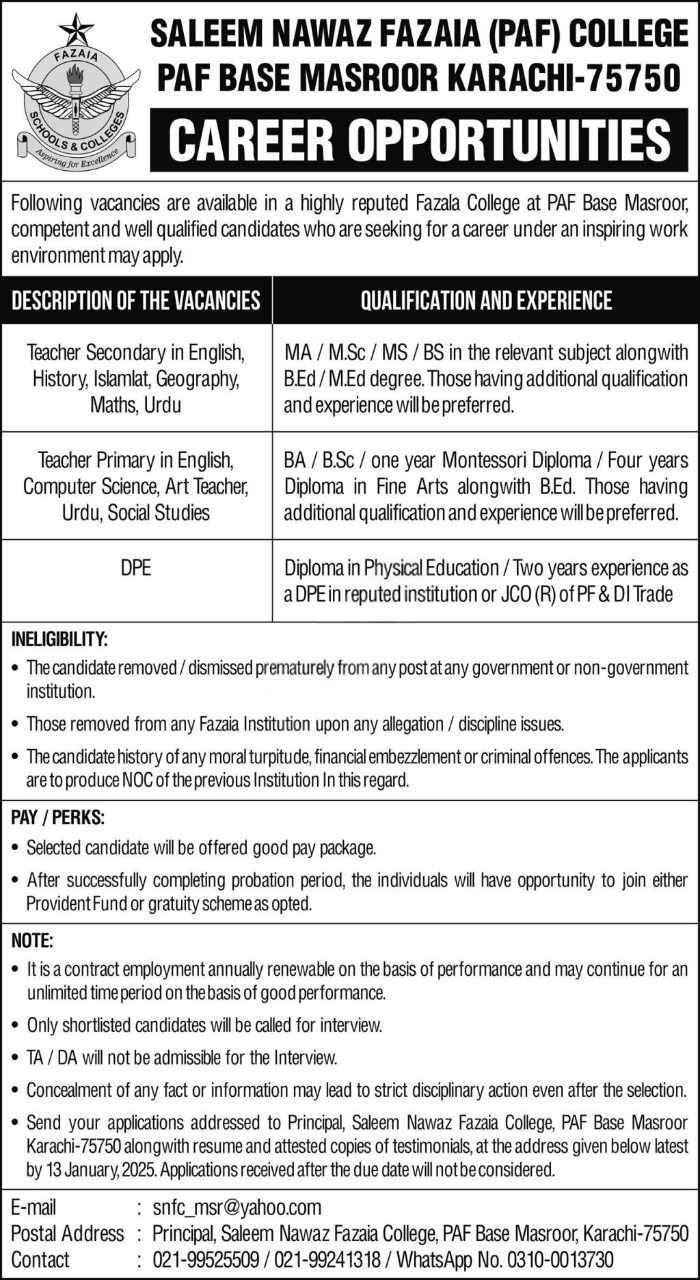 Saleem Nawaz Fazaia PAF College Karachi Jobs 2025 – Pakistan Air Force Jobs 2025 — original advertisement