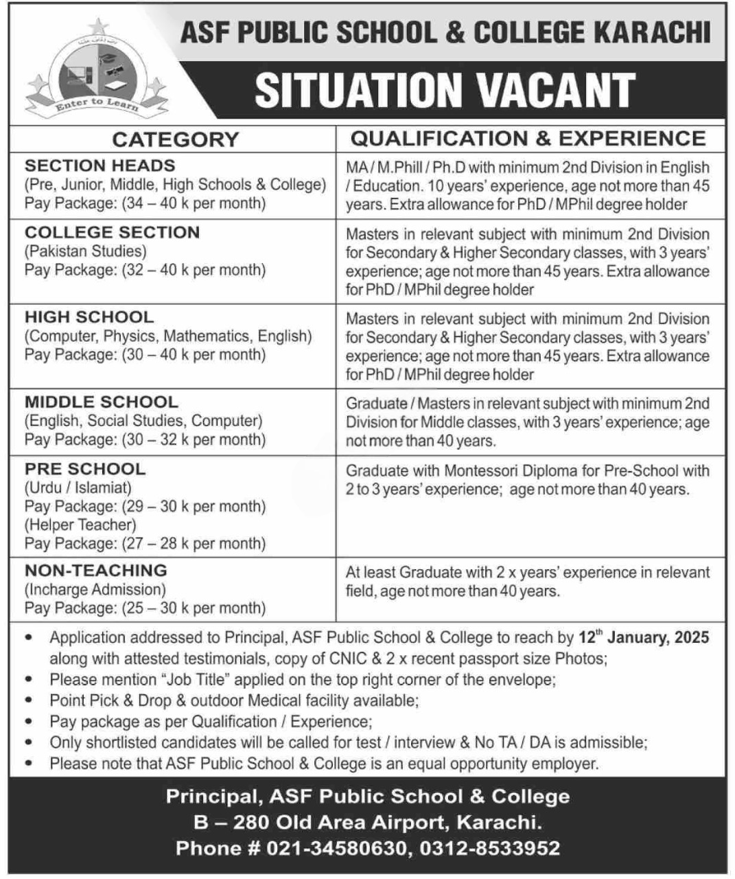 ASF Public School & College Karachi Jobs 2025 – Army Public School & College Paksitan Admissions 2025 — original advertisement