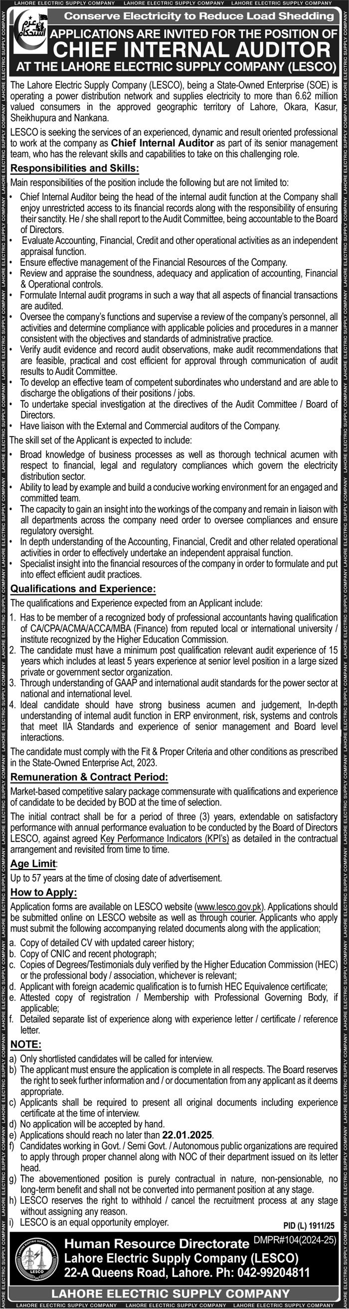 Lahore Electric Supply Company LESCO Jobs 2025 – Lahore Electric Supply Company LESCO Lahore Jobs 2025 — original advertisement