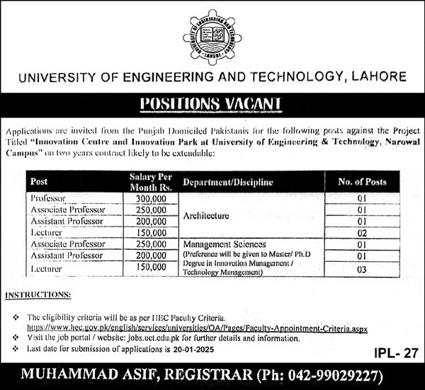University of Engineering and Technology UET Lahore Jobs – University of Engineering  & Technology Lahore Jobs 2025 — original advertisement