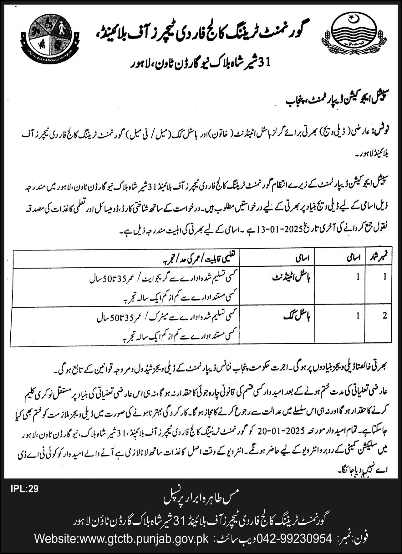 Government Training College for the Teacher of Blind Jobs – Govt of Punjab Jobs 2025 — original advertisement