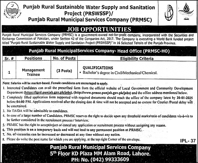 Punjab Rural Municipal Services Company Jobs 2025 – Punjab Rural Municipal Services Company PRMSC Jobs 2025 — original advertisement