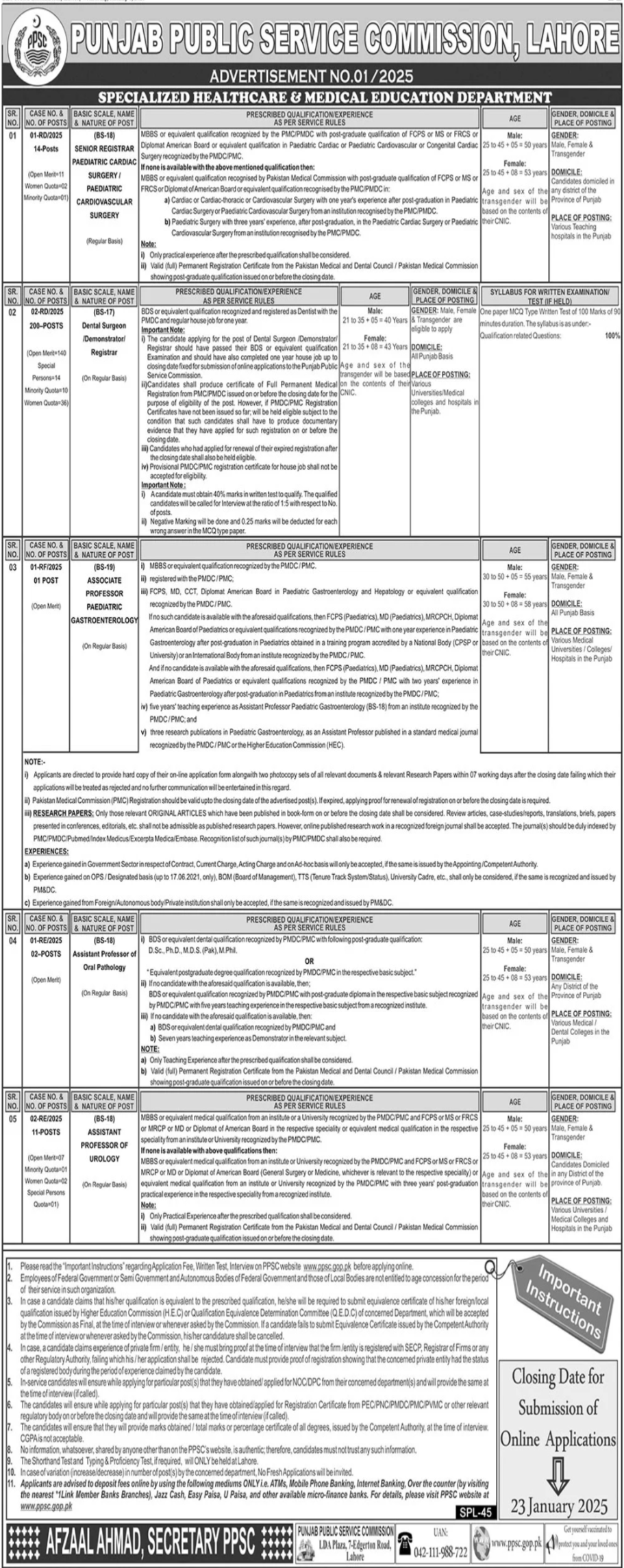 Punjab Public Service Commission PPSC Jobs 01/2025 – Punjab Public Service Commission Lahore Jobs 2025 — original advertisement