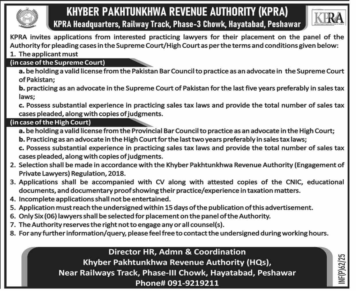 Khyber Pakhtunkhwa Revenue Authority KPRA Jobs 2025 – Public Sector Organization Jobs 2025 — original advertisement