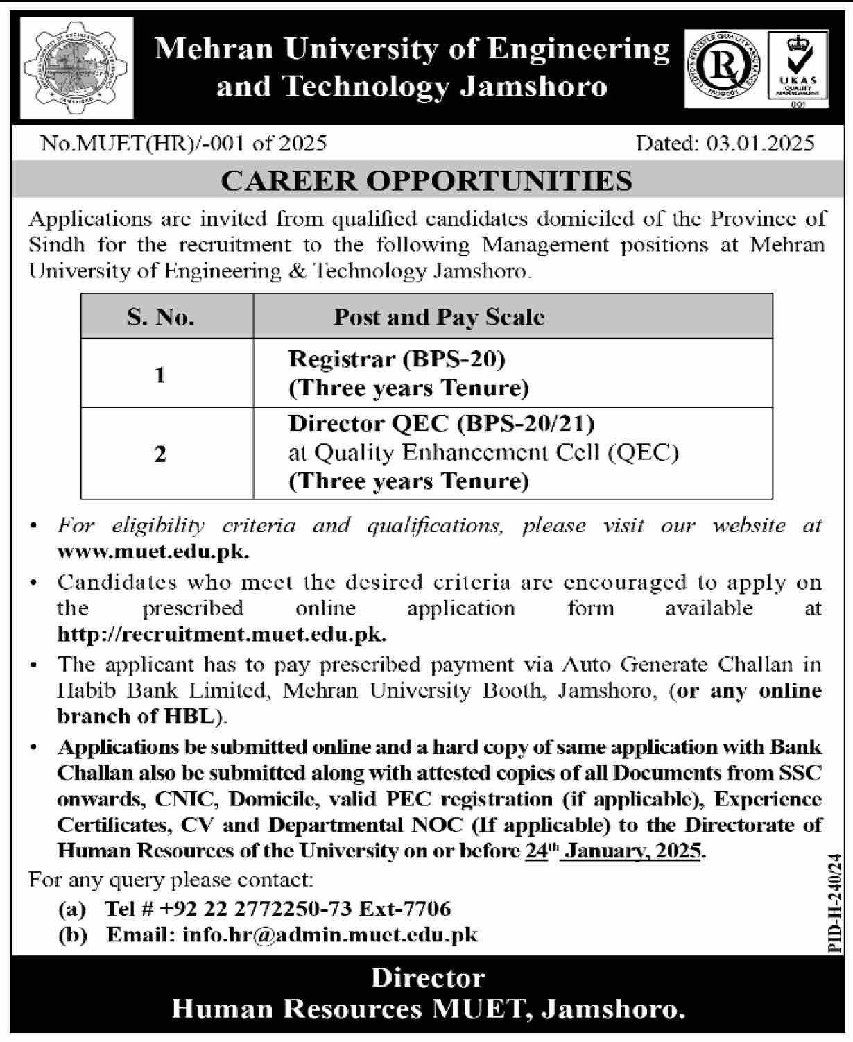 Mehran University of Engineering & Technology Jamshoro Jobs Jobs 2025 — original advertisement
