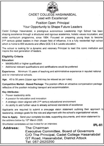 Cadet College Hassan Abdal Punjab Jobs 2025 – Cadet College Hasan Abdal Jobs 2025 — original advertisement