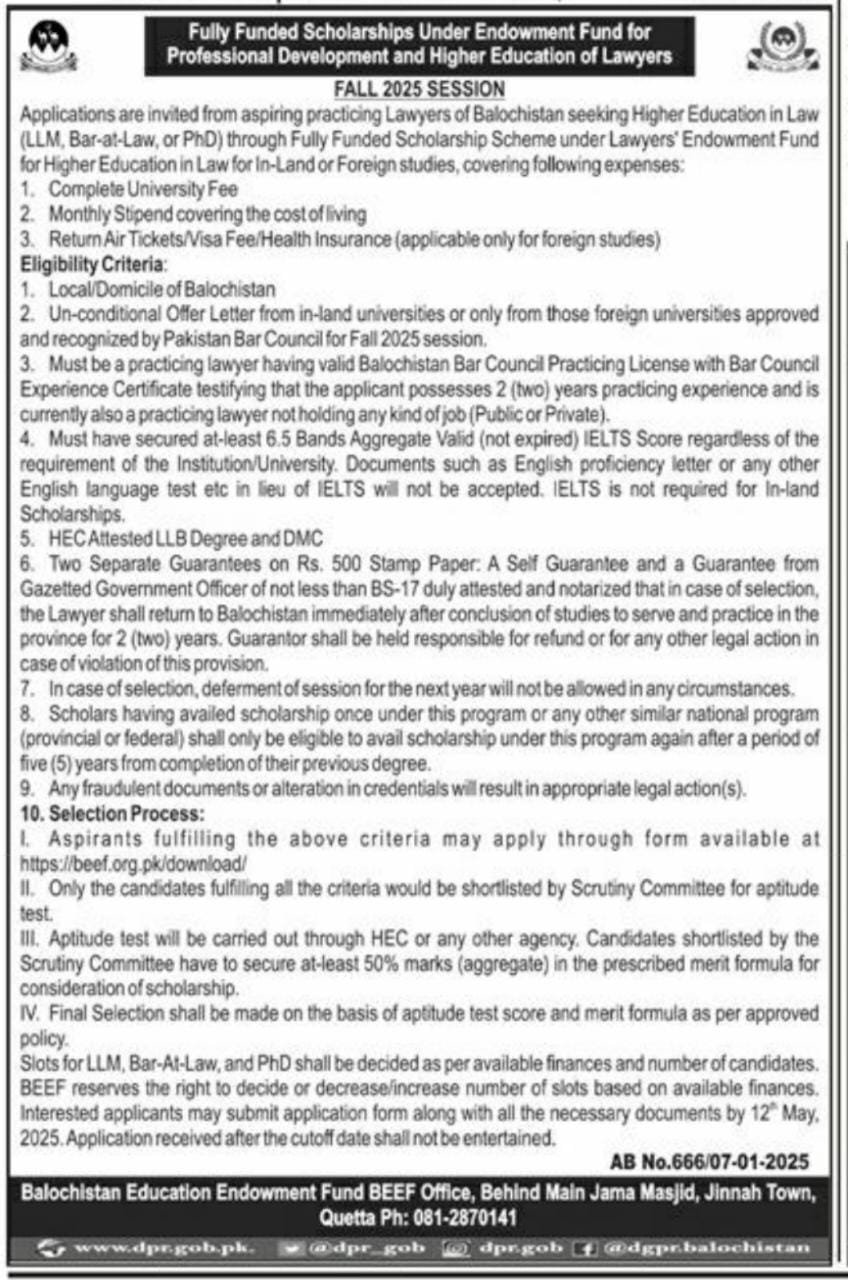 Fully Funded Scholarships Under Endowment Fund for Professi – Balochistan Education Endowment Fund (BEEF) Scholarships 2025 — original advertisement