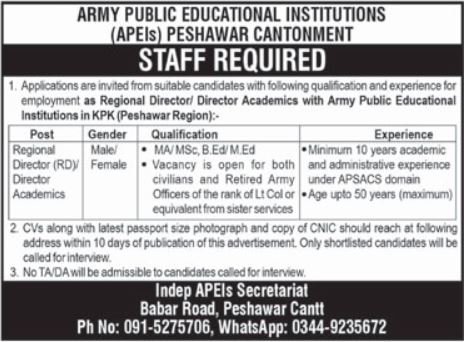 Army Public Educational Institutions Jobs 2025 – Army Public School & College Paksitan Jobs 2025 — original advertisement