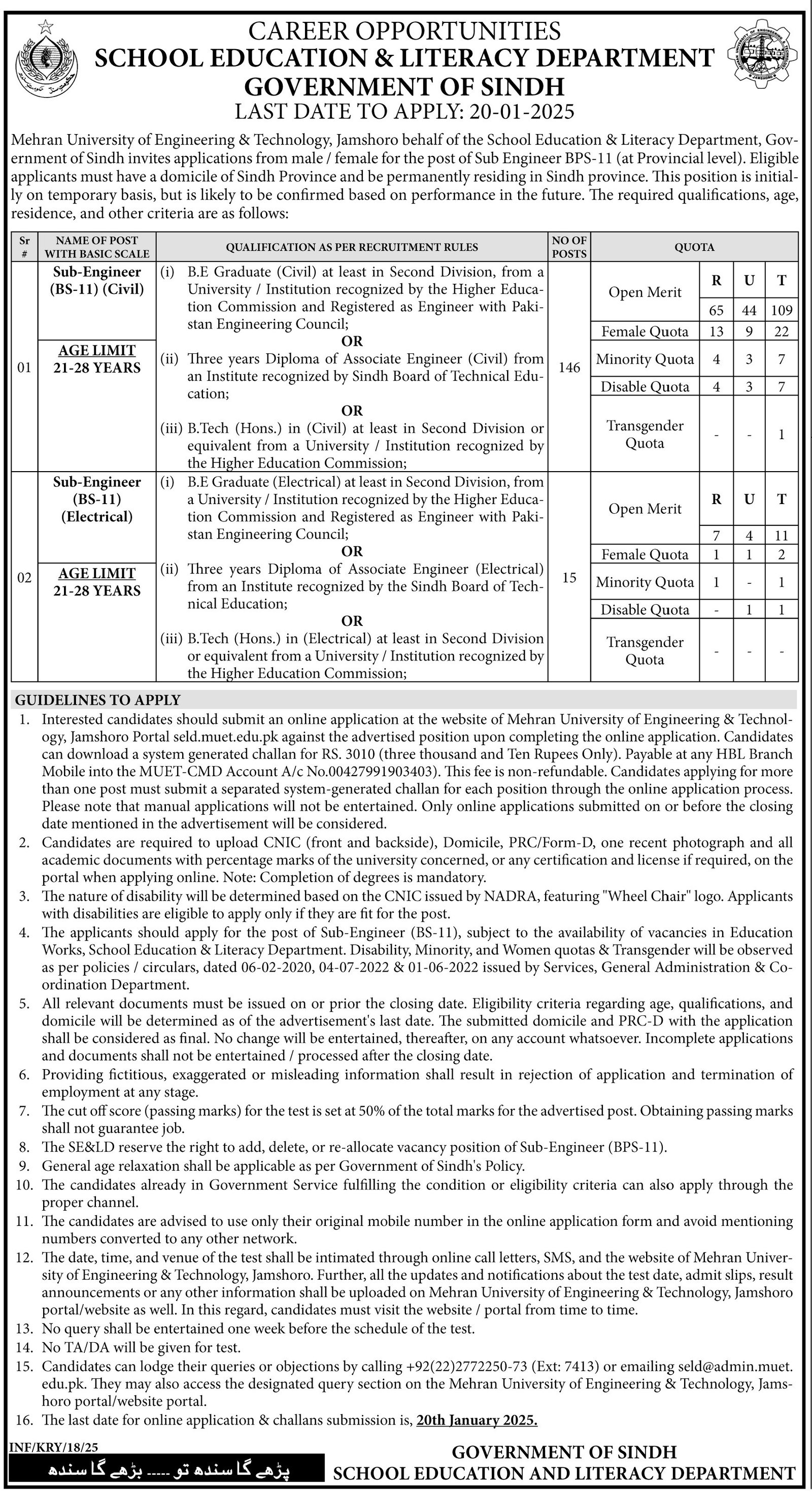 School Education & Literacy Department Jobs 2025 – School Education & Literacy Department Sindh Jobs 2025 — original advertisement