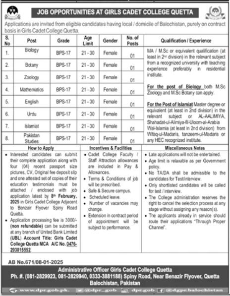 Girls Cadet College Quetta Jobs 2025 Jobs 2025 — original advertisement