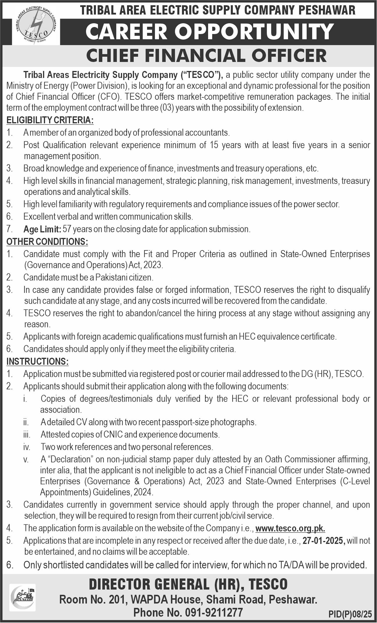 Tribal Areas Electricity Supply Company TESCO Jobs 2025 Jobs 2025 — original advertisement