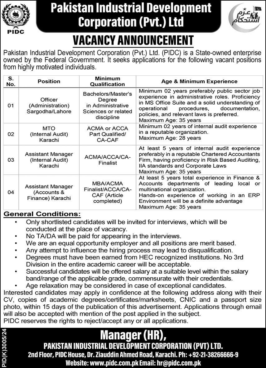 Pakistan Industrial Development Corporation PIDC Jobs 2025 – Public Sector Organization Jobs 2025 — original advertisement
