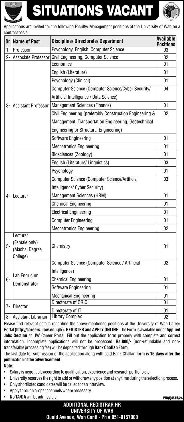 University Of Wah punjab Jobs 2025 – University of Wah Wah Cantt Jobs 2025 — original advertisement