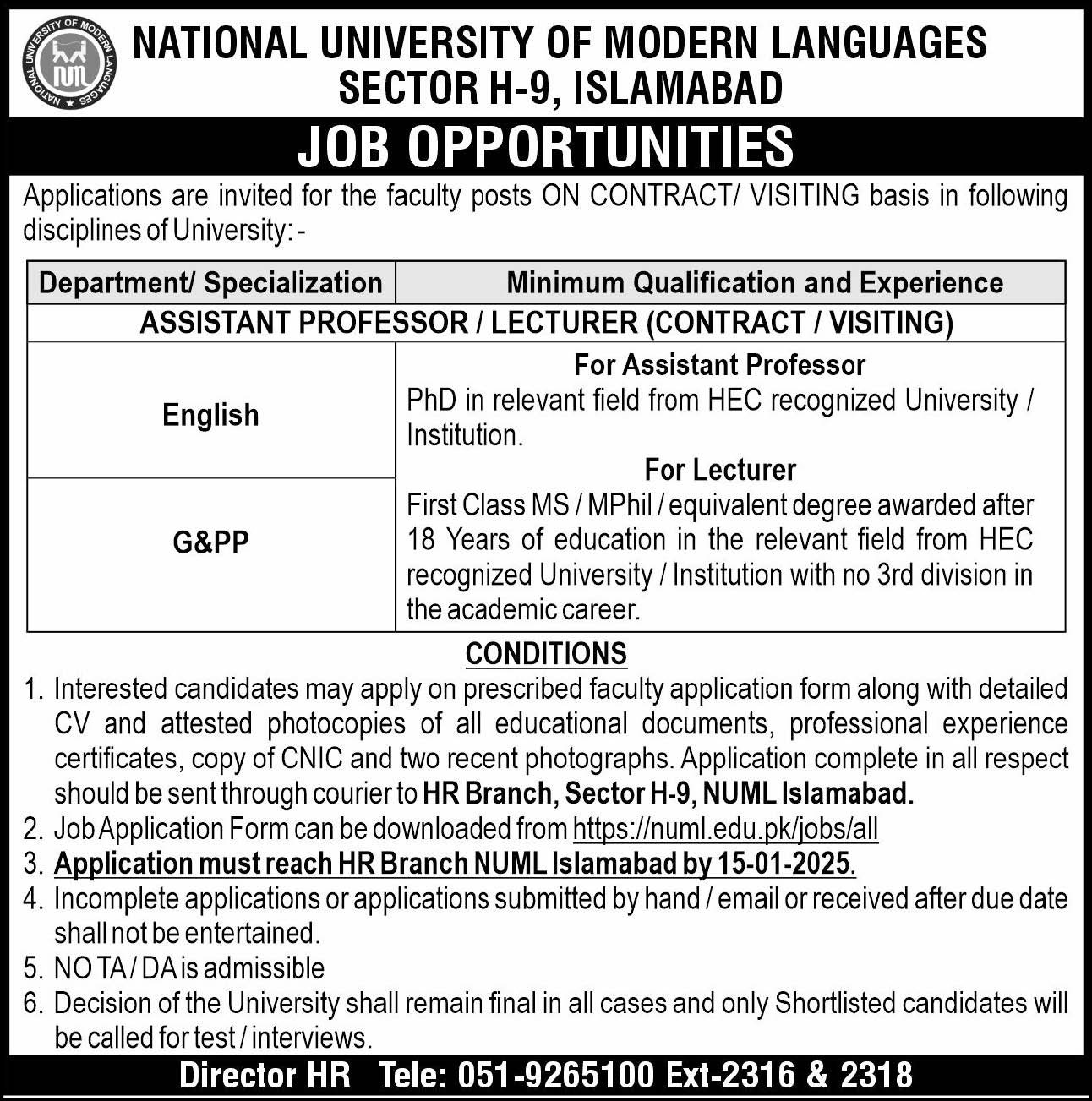 National University Of Modern Languages NUML Jobs 2025 – National University of Modern Languages Islamabad Jobs 2025 — original advertisement