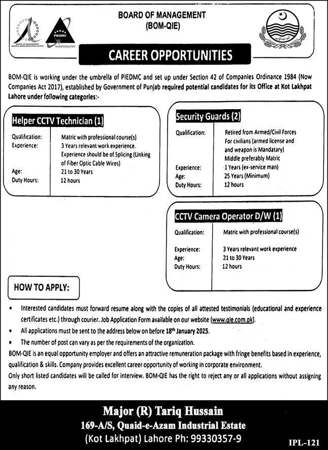 Board Of Management Quaid E Azam Industrial Estate Jobs 2025 – Punjab Industrial Estates Development & Management Company Jobs 2025 — original advertisement