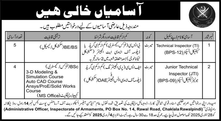 Inspectorate Of Armaments Chaklala Rawalpindi Jobs 2025 – Pakistan Army Jobs 2025 — original advertisement