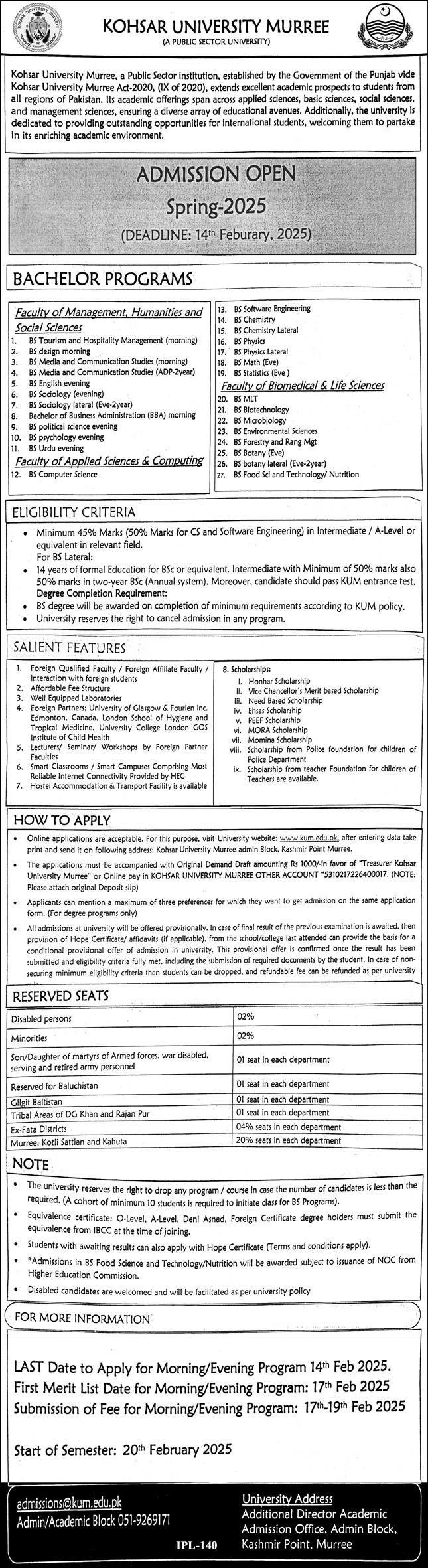 Admissions Open in Koshar University Murree Punjab 2025 Admissions 2025 — original advertisement