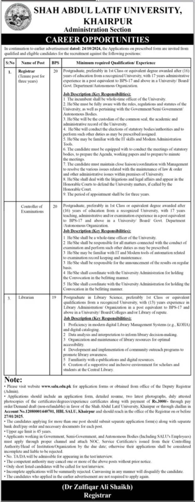 Shah Abdul Latif University Jobs 2025 – Shah Abdul Latif University Khairpur Jobs 2025 — original advertisement