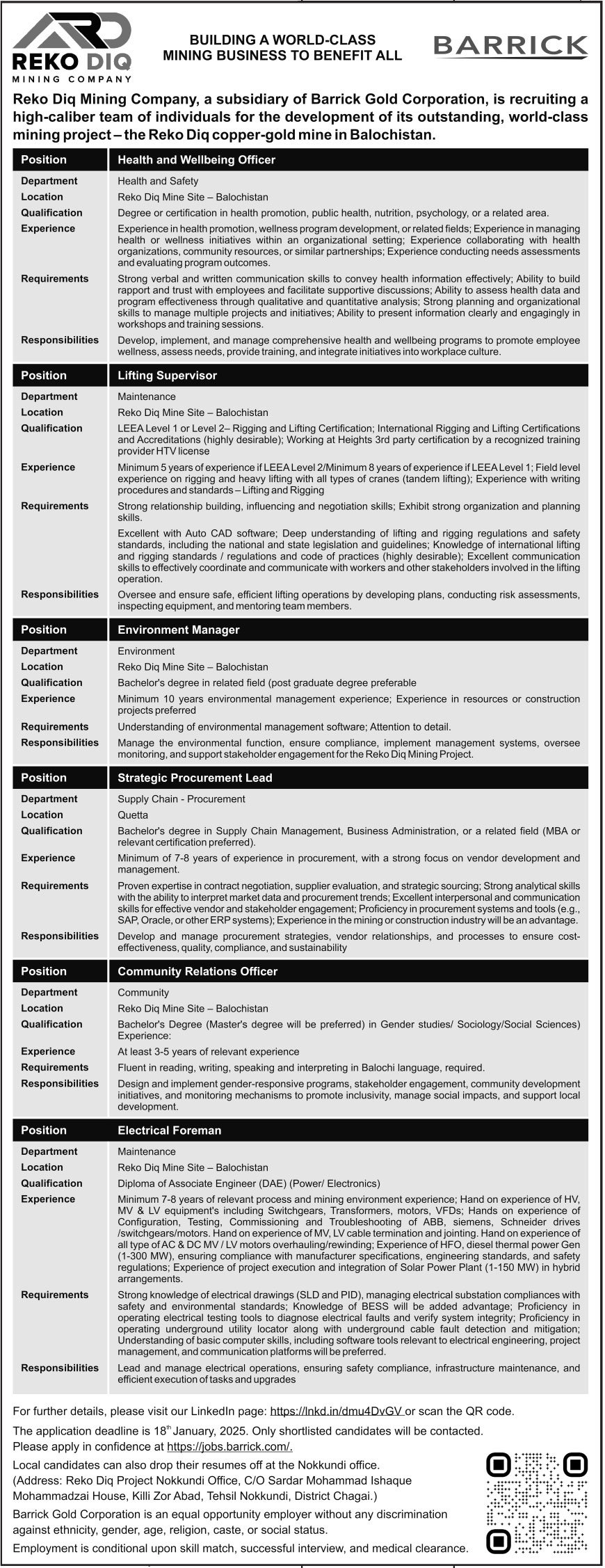 Reko Diq Company Balochistan Jobs 2025 – Barrick Pakistan Jobs 2025 — original advertisement