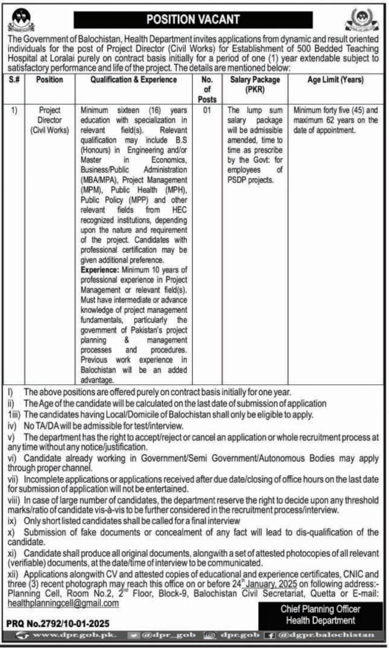 Health Department Project Director Jobs – Health Department Balochsitan Jobs 2025 — original advertisement