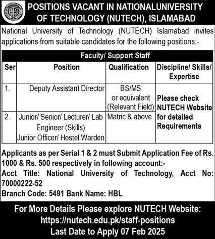 National University Of Technology NUTECH Jobs 2025 – National University of Technology NUTECH Islamabad Jobs 2025 — original advertisement