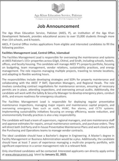 Aga Khan Education Service Pakistan Islamabad Job Jobs 2025 — original advertisement