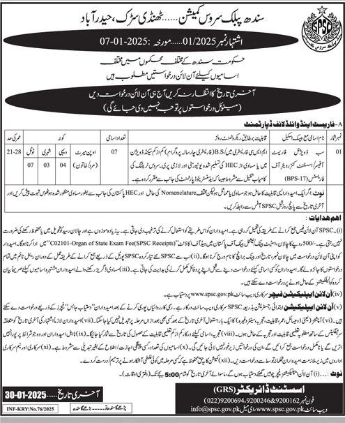 SPSC Sindh Public Service Commission Hyderabad Job 2025 – Sindh Public Service Commission at Karachi Jobs 2025 — original advertisement