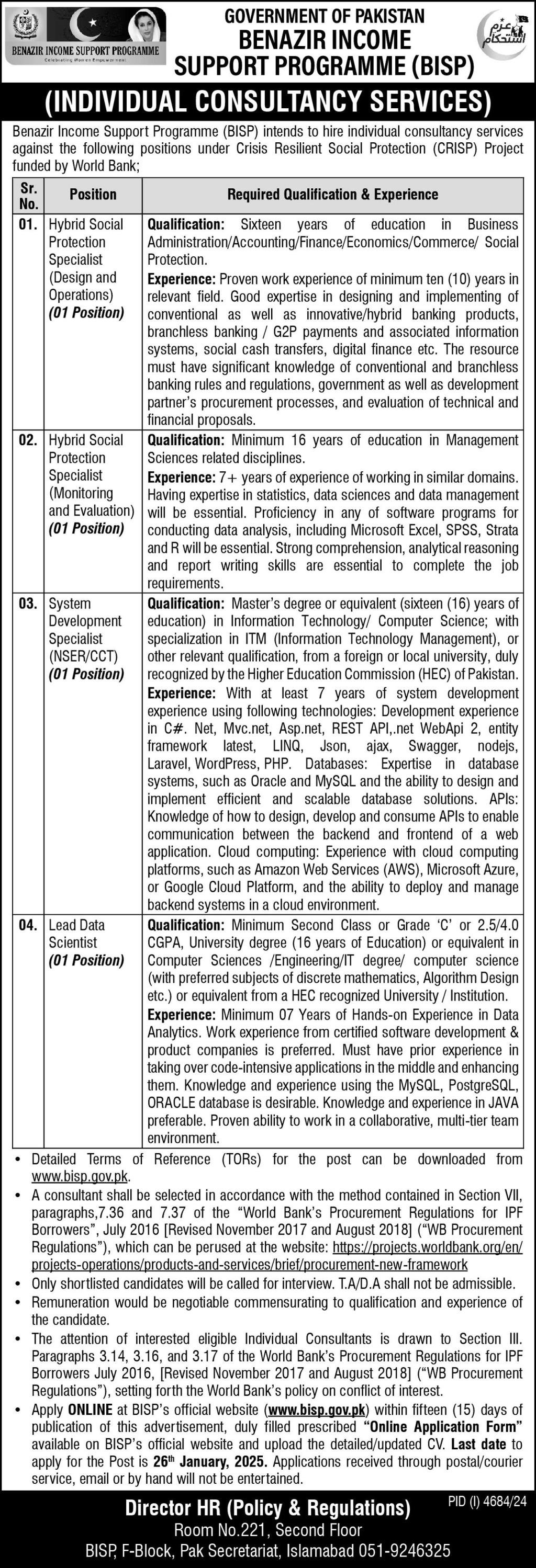 Benazir Income Support Program BISP Jobs 2025 – Benazir Income Support Programme Jobs 2025 — original advertisement