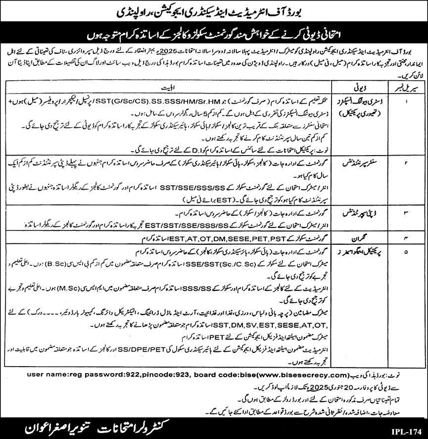 Board of Intermediate and Secondary Education (BISE) Jobs – Board Of Intermediate and Secondary Education Rawalpindi Jobs 2025 — original advertisement