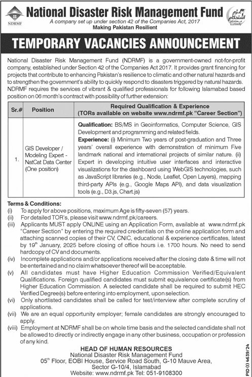 National Disaster And Risk Management Jobs 2025 – National Disaster & Risk Management Fund Jobs 2025 — original advertisement